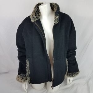 British Khaki Faux Fur Trimmed Black Jacket sz M